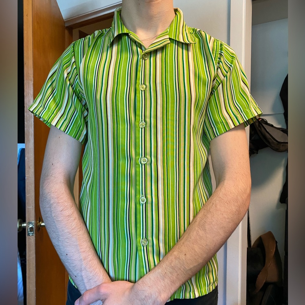 Green Striped Short Sleeve Button Up